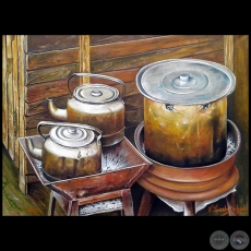 Cocinando en brasero - Pintura al óleo - Obra de Vicente González Delgado